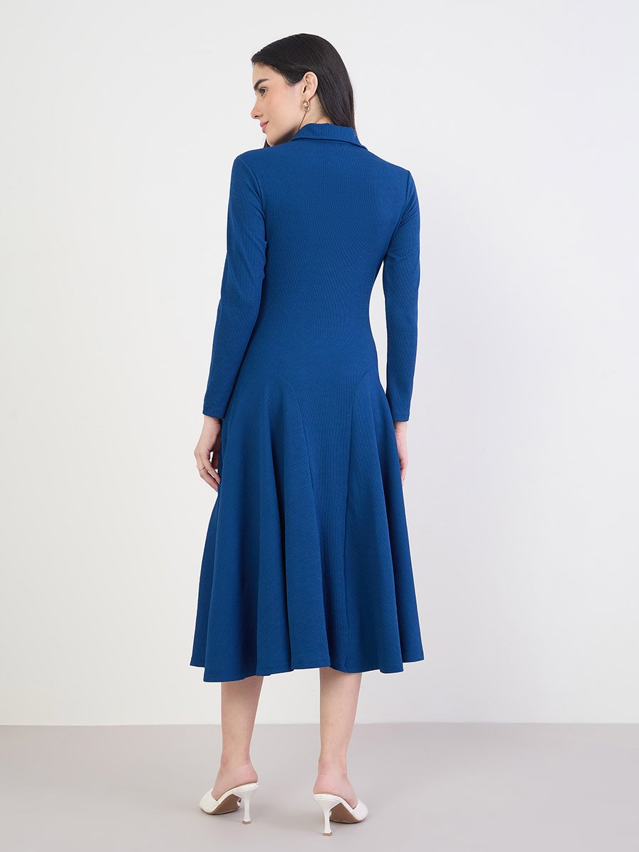 Women Navy Blue Long Sleeves A-Line Midi Dress