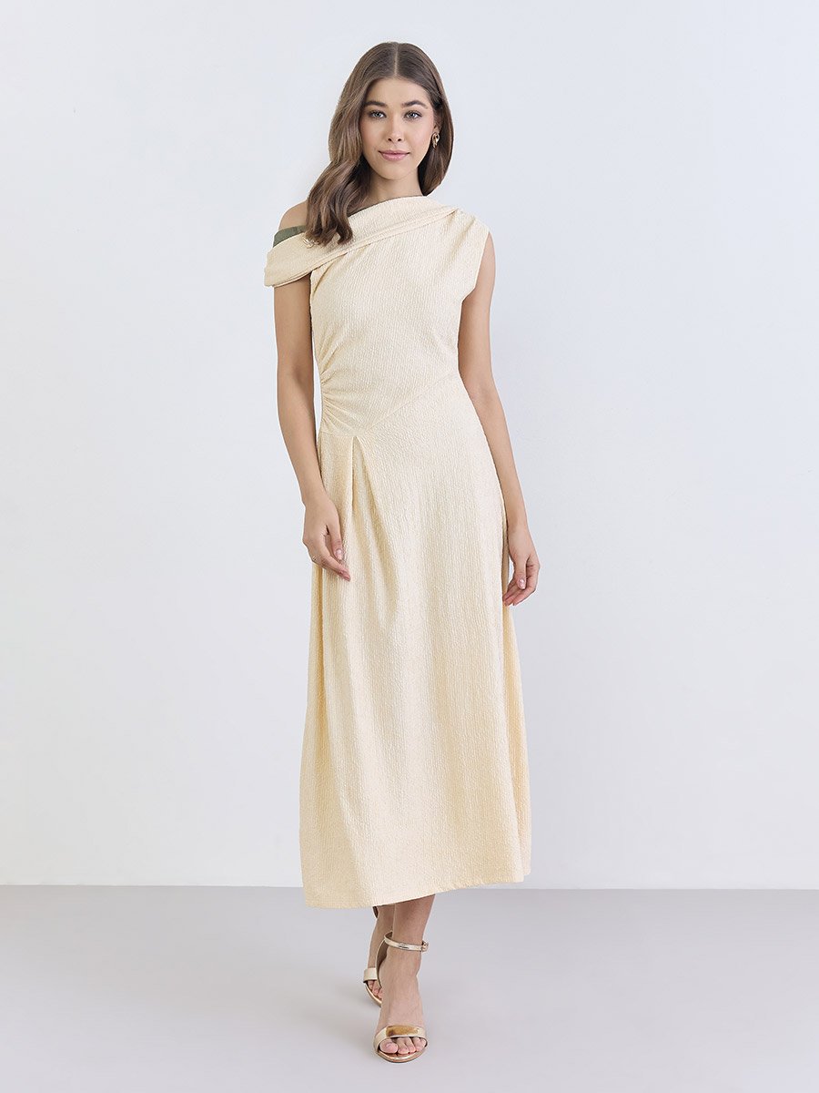 Women Beige One-Shoulder Pleated Midi Dress 