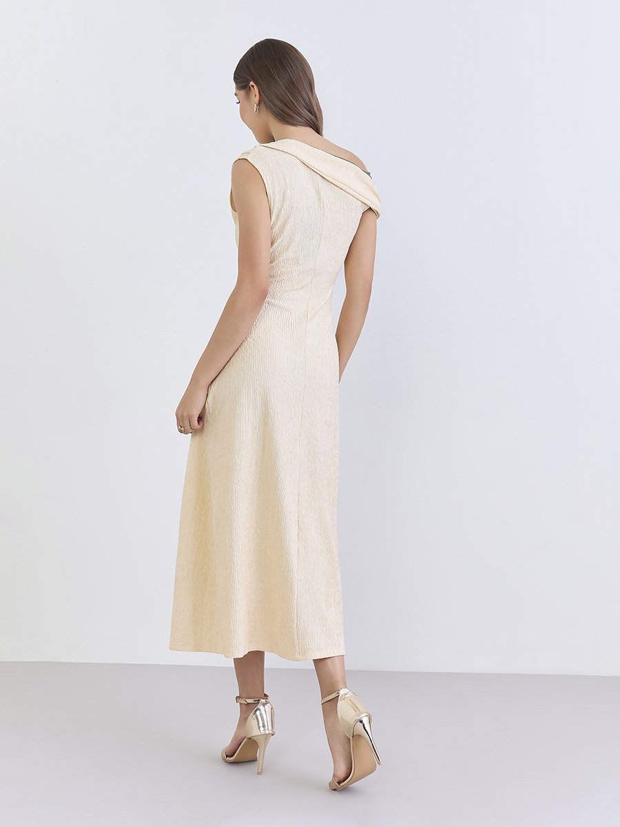 Women Beige One-Shoulder Pleated Midi Dress 