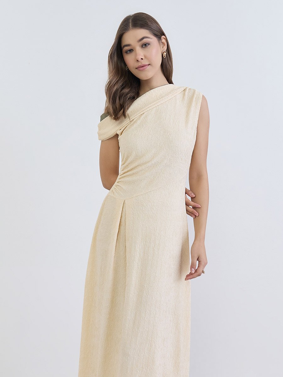 Women Beige One-Shoulder Pleated Midi Dress 