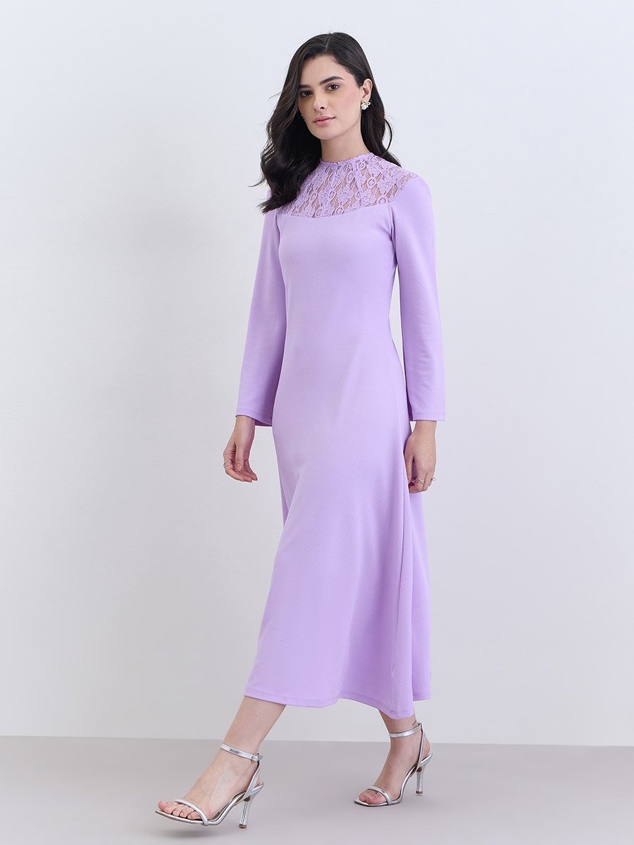 Purple Lace Detail Long Sleeves Midi Dress