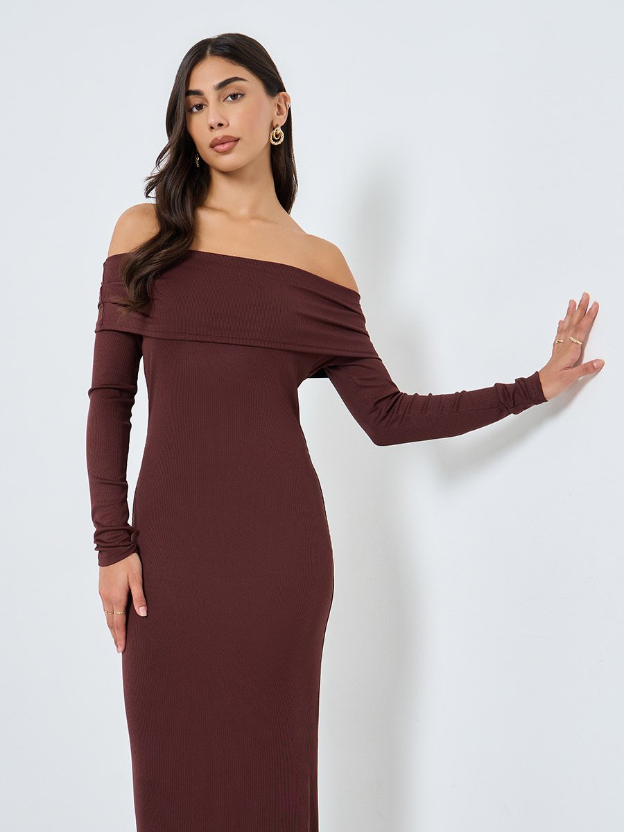 Brown Ribbed Off Shoulder Midi Dress For Women at UAE | Styli