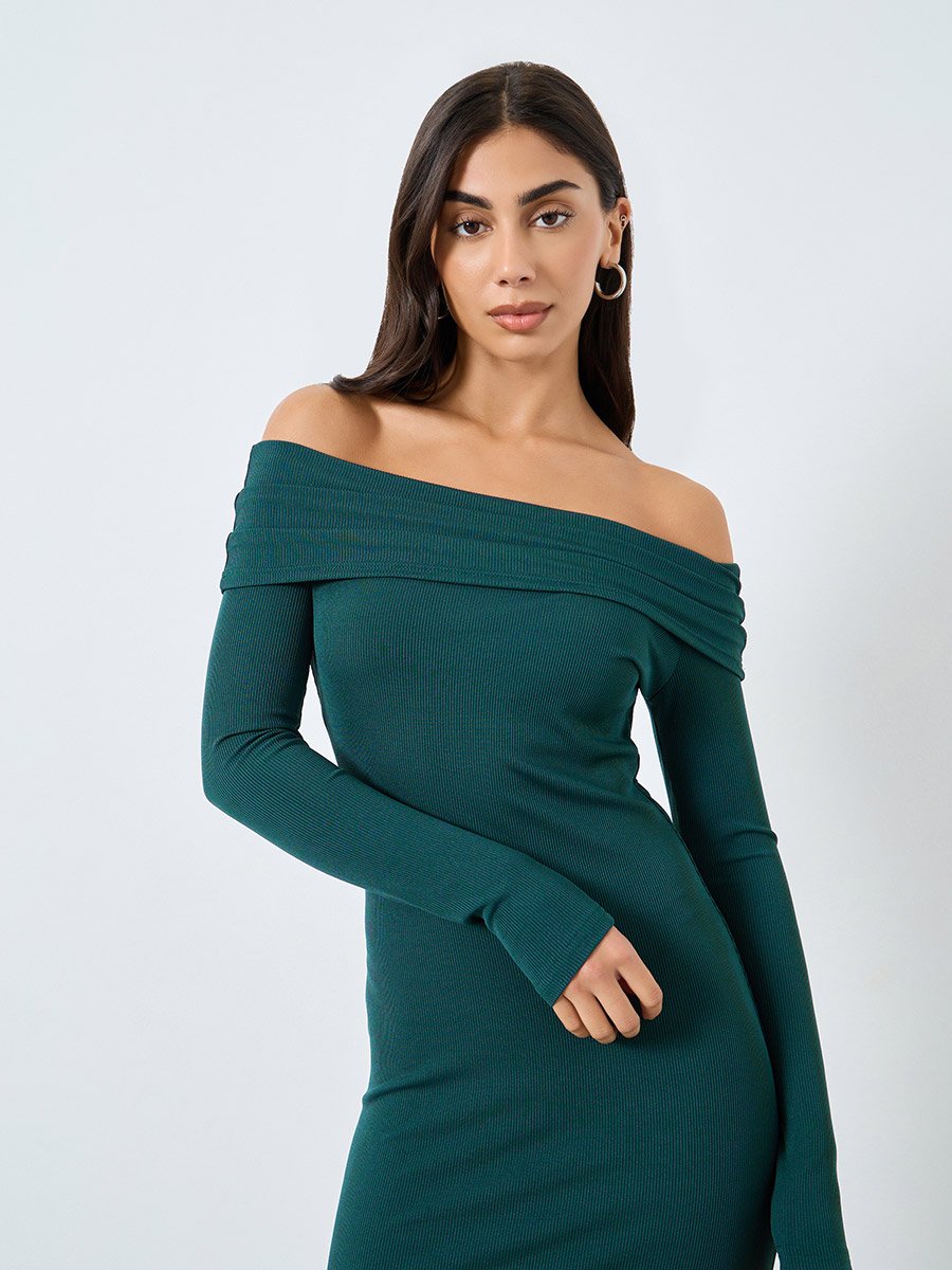 Teal Ribbed Off Shoulder Midi Dress