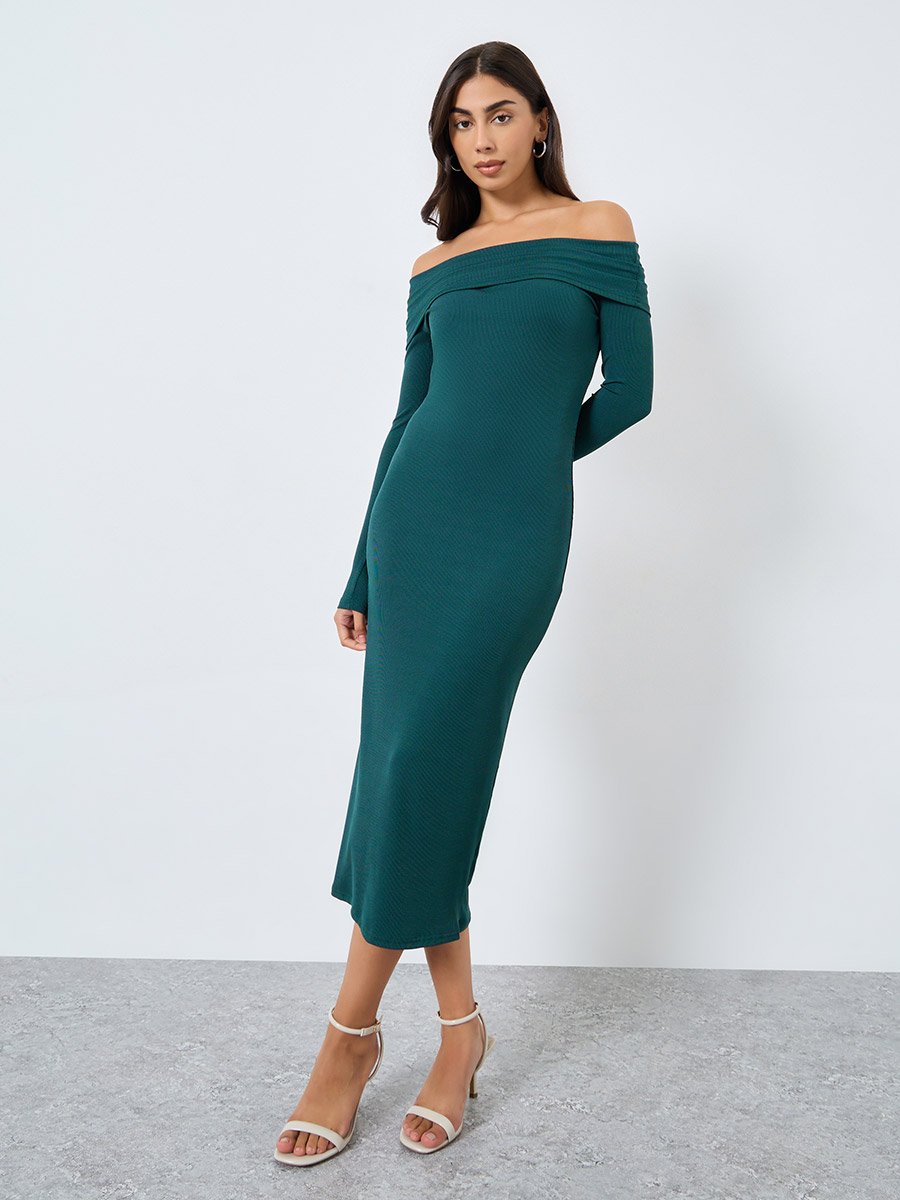 Teal Ribbed Off Shoulder Midi Dress