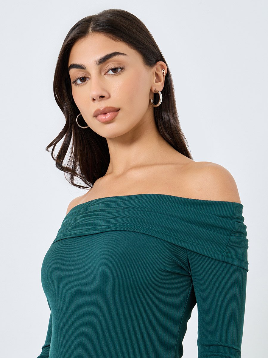 Teal Ribbed Off Shoulder Midi Dress