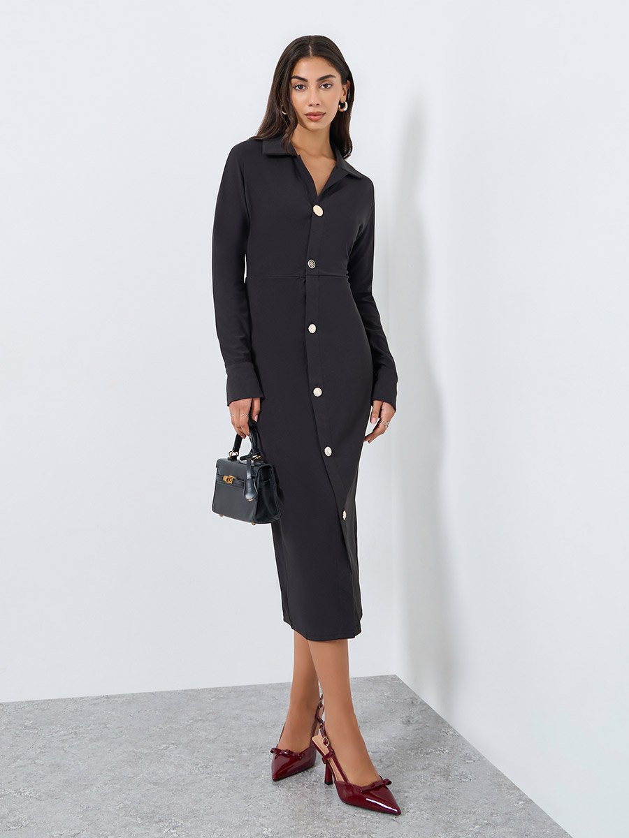 Black Buttoned Long Sleeves Midi Dress