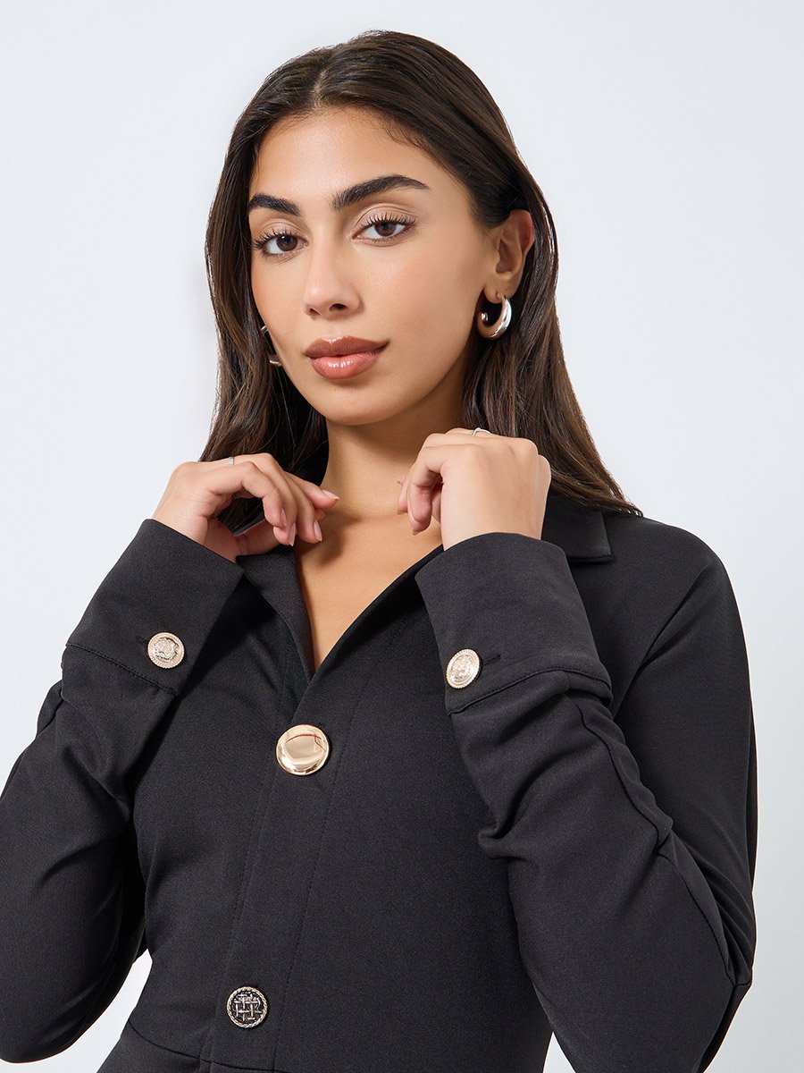 Black Buttoned Long Sleeves Midi Dress