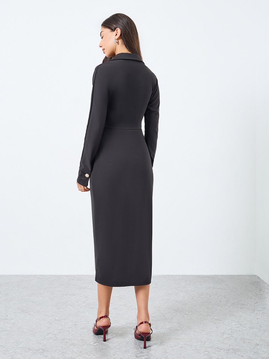 Black Buttoned Long Sleeves Midi Dress