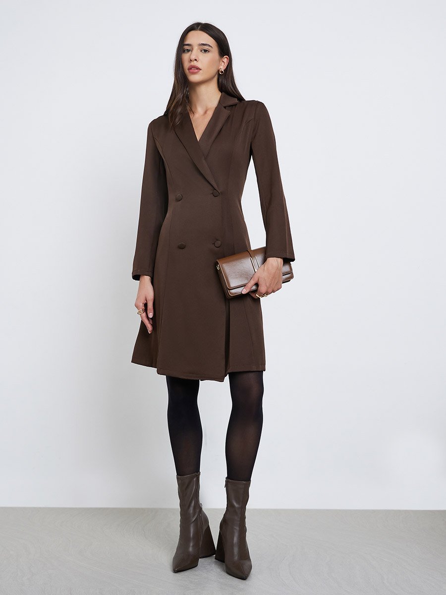 Brown Double Breasted Blazer Knee Length Dress For Women at Kuwait | Styli