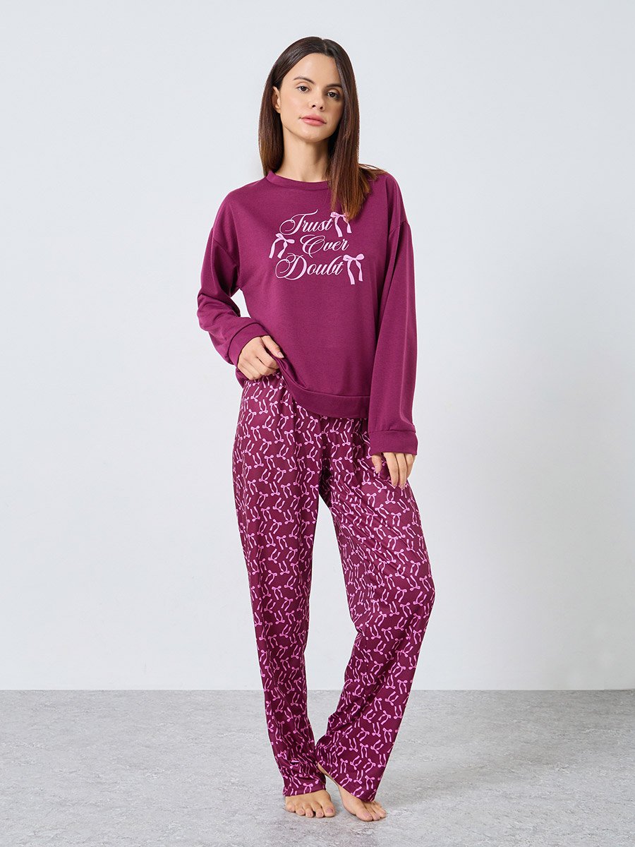 Bow Slogan Print Sweatshirt and Pyjama Set