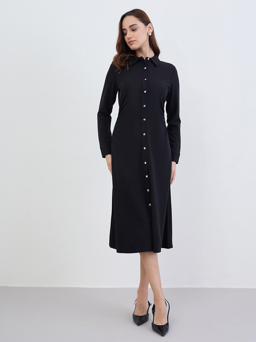 Solid Long Sleeves Shirt Midi Dress