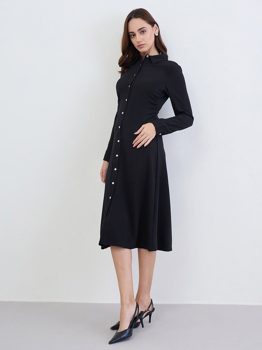 Solid Long Sleeves Shirt Midi Dress