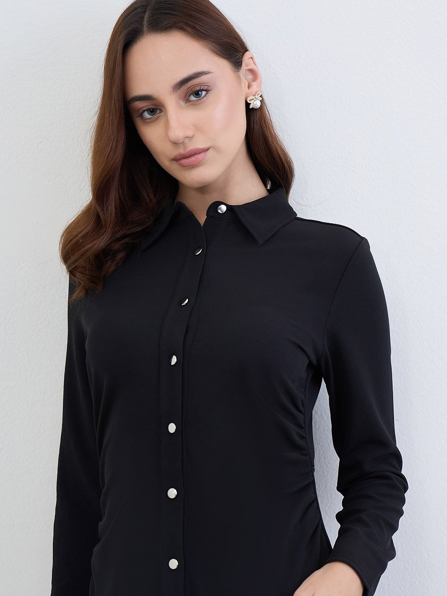 Solid Long Sleeves Shirt Midi Dress