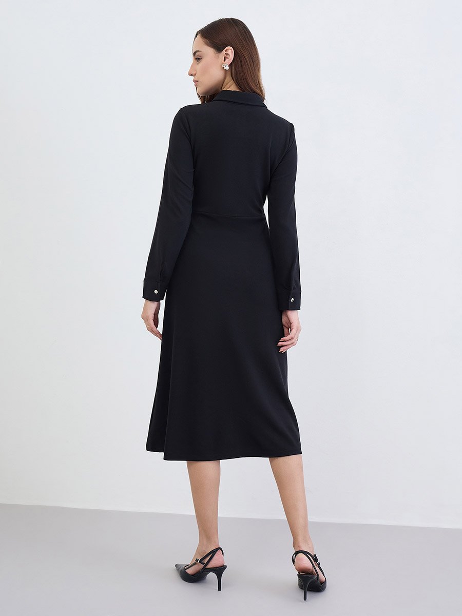 Solid Long Sleeves Shirt Midi Dress
