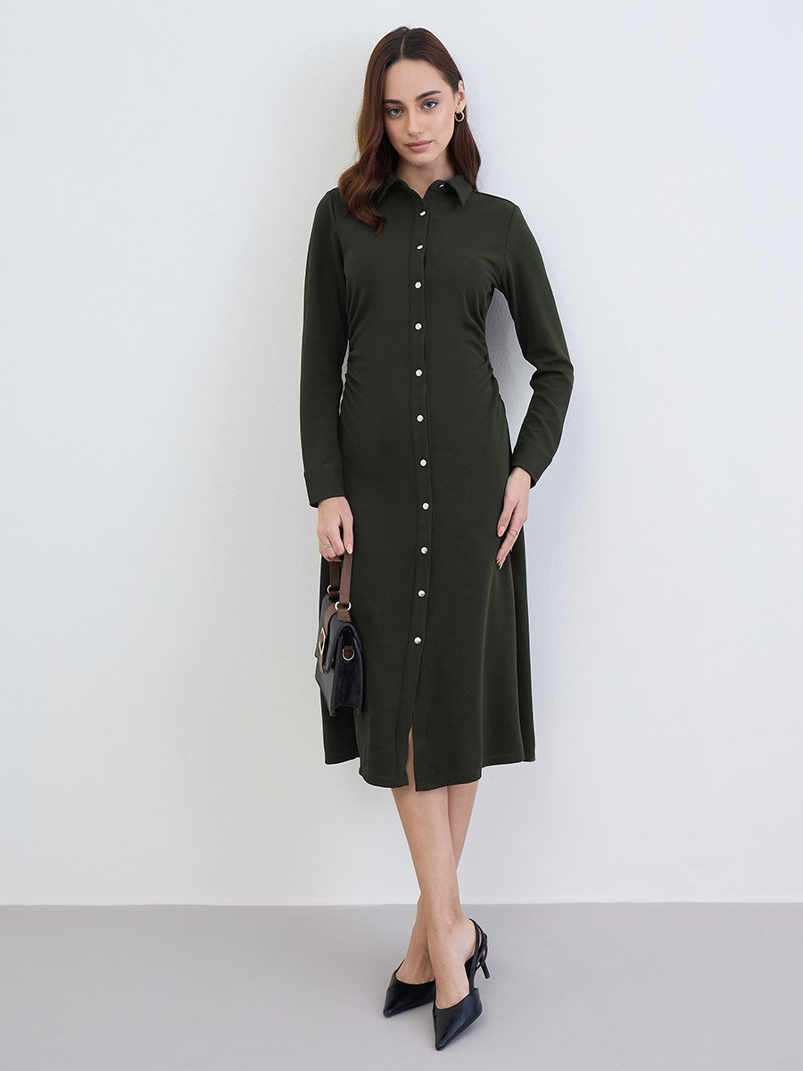 Solid Long Sleeves Shirt Midi Dress