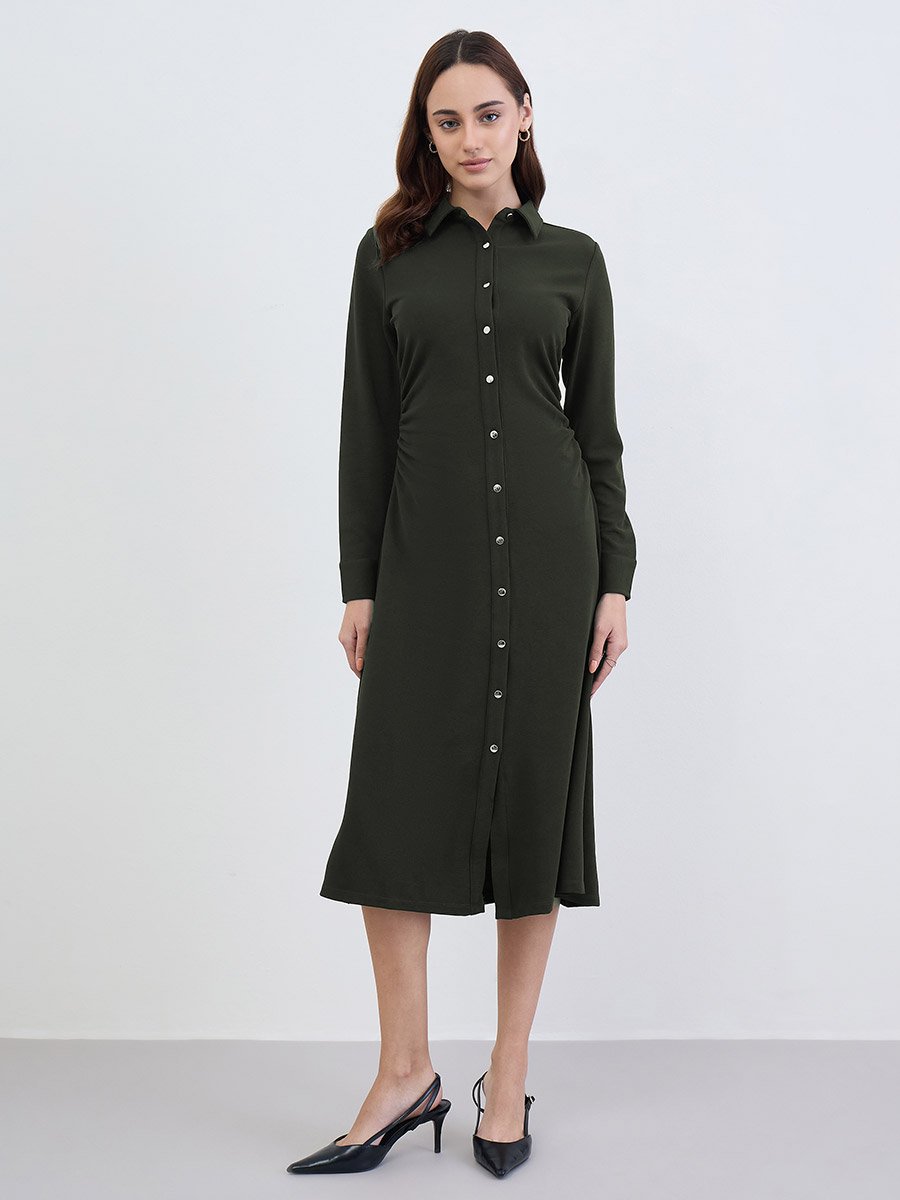 Solid Long Sleeves Shirt Midi Dress