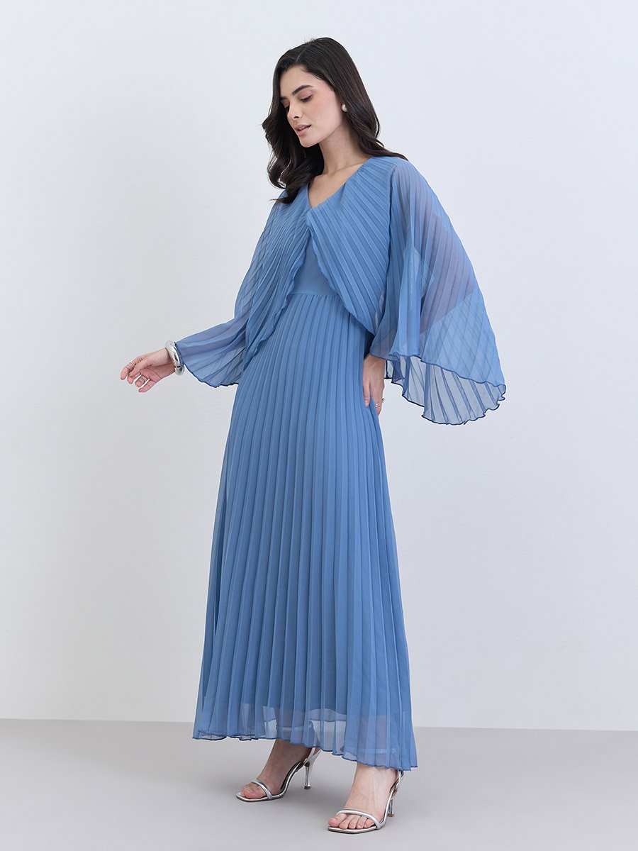Women Blue Pleated Cape Sleeve Maxi Dress