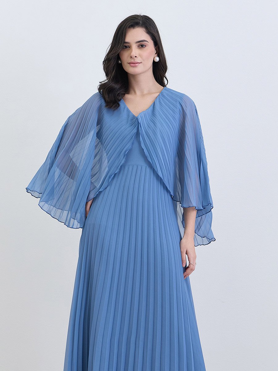 Women Blue Pleated Cape Sleeve Maxi Dress