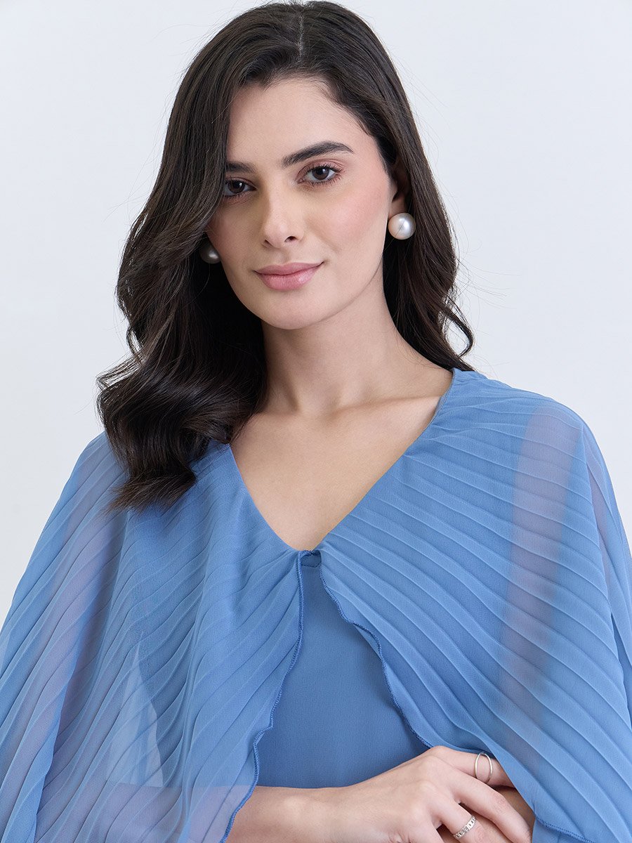 Women Blue Pleated Cape Sleeve Maxi Dress