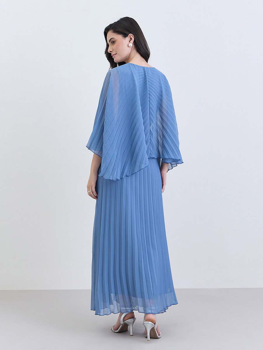 Women Blue Pleated Cape Sleeve Maxi Dress