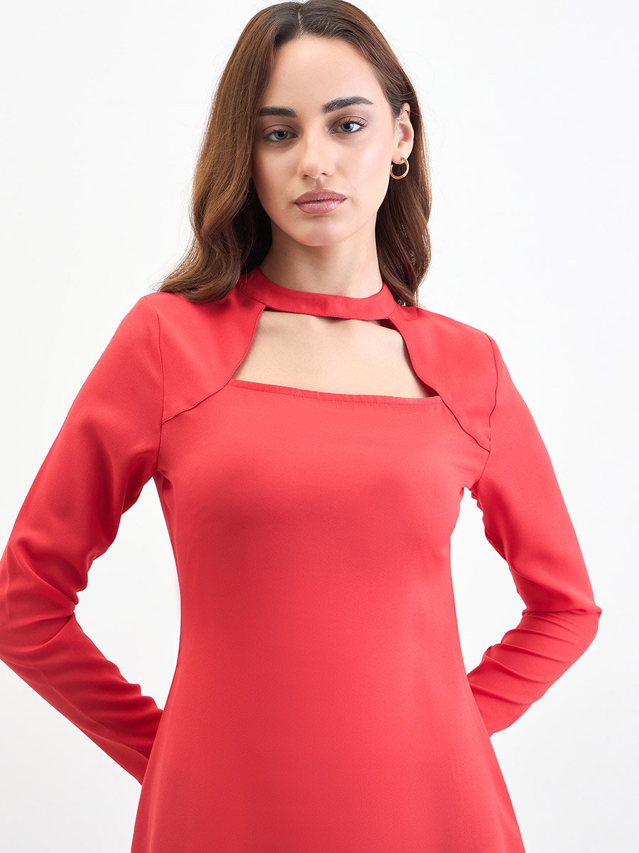 Red Long Sleeve Pleated Knee-Length Dress