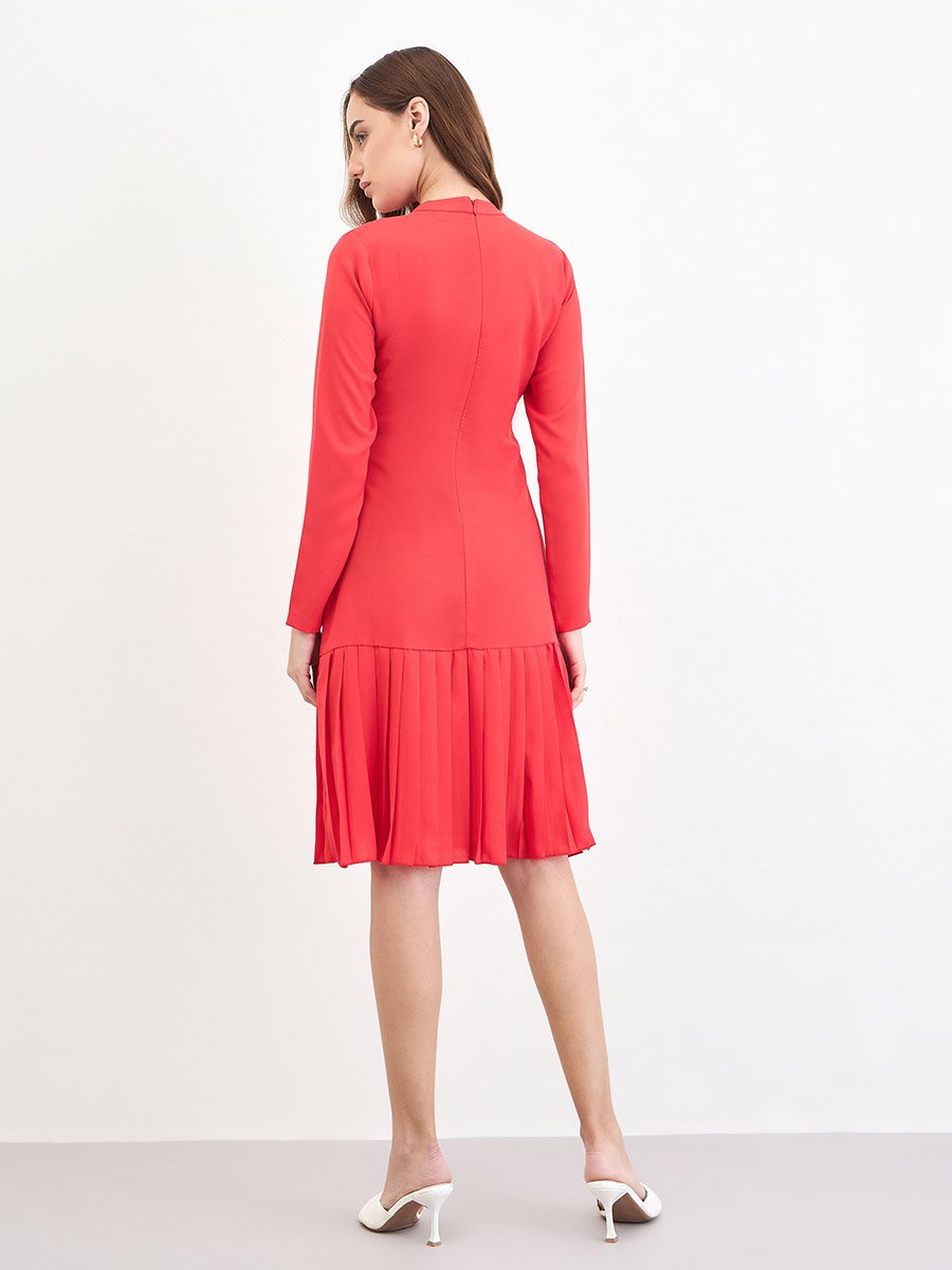 Red Long Sleeve Pleated Knee-Length Dress