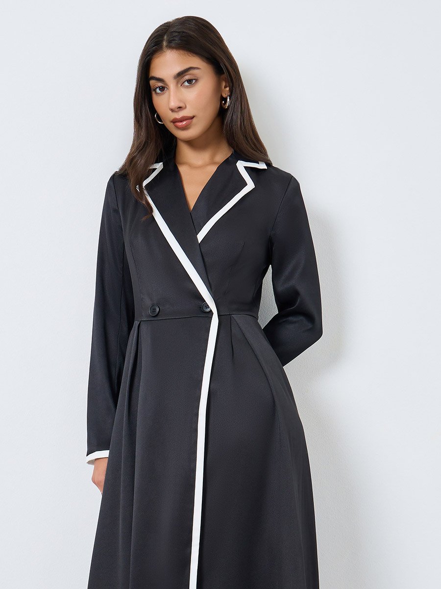 Black Contrast Panel Blazer Midi Dress