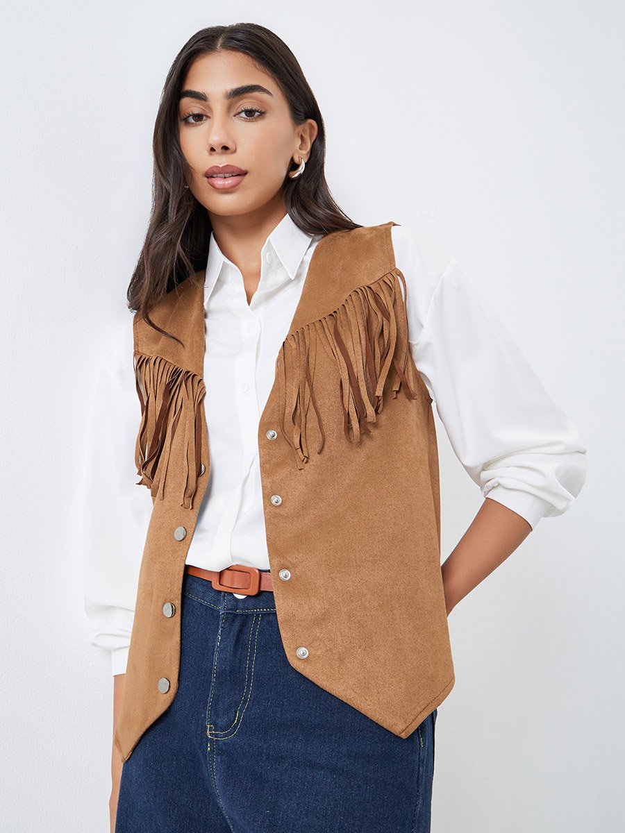 Tan Suede Look Fringe Vest
