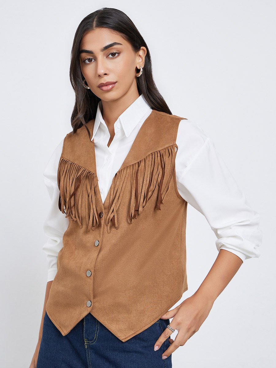 Tan Suede Look Fringe Vest