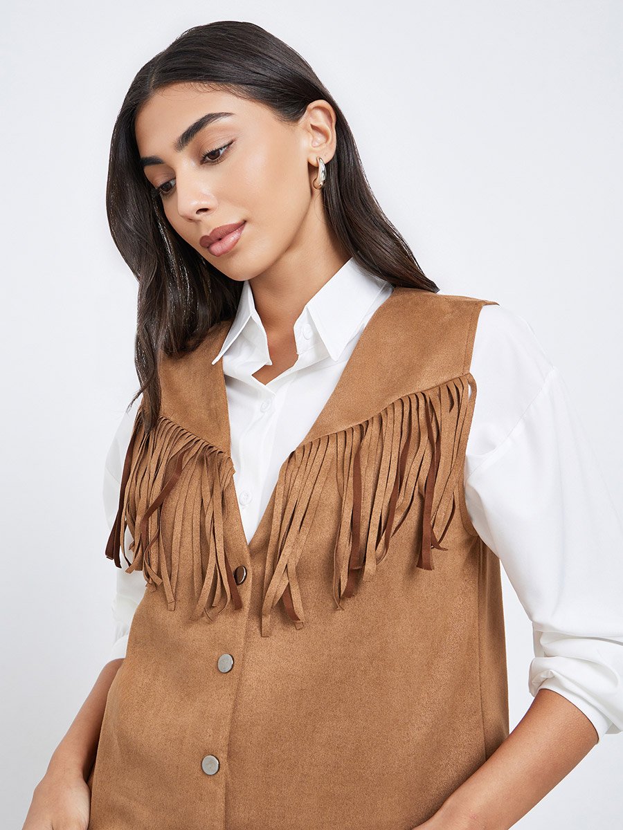 Tan Suede Look Fringe Vest