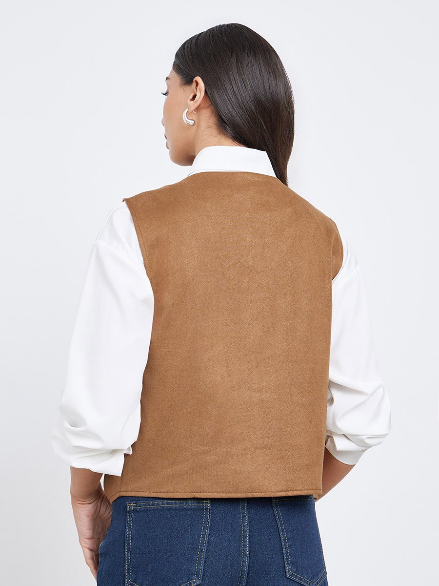 Tan Suede Look Fringe Vest