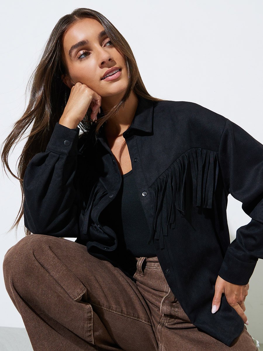 Black Tassel Trim Suede Look Shirt