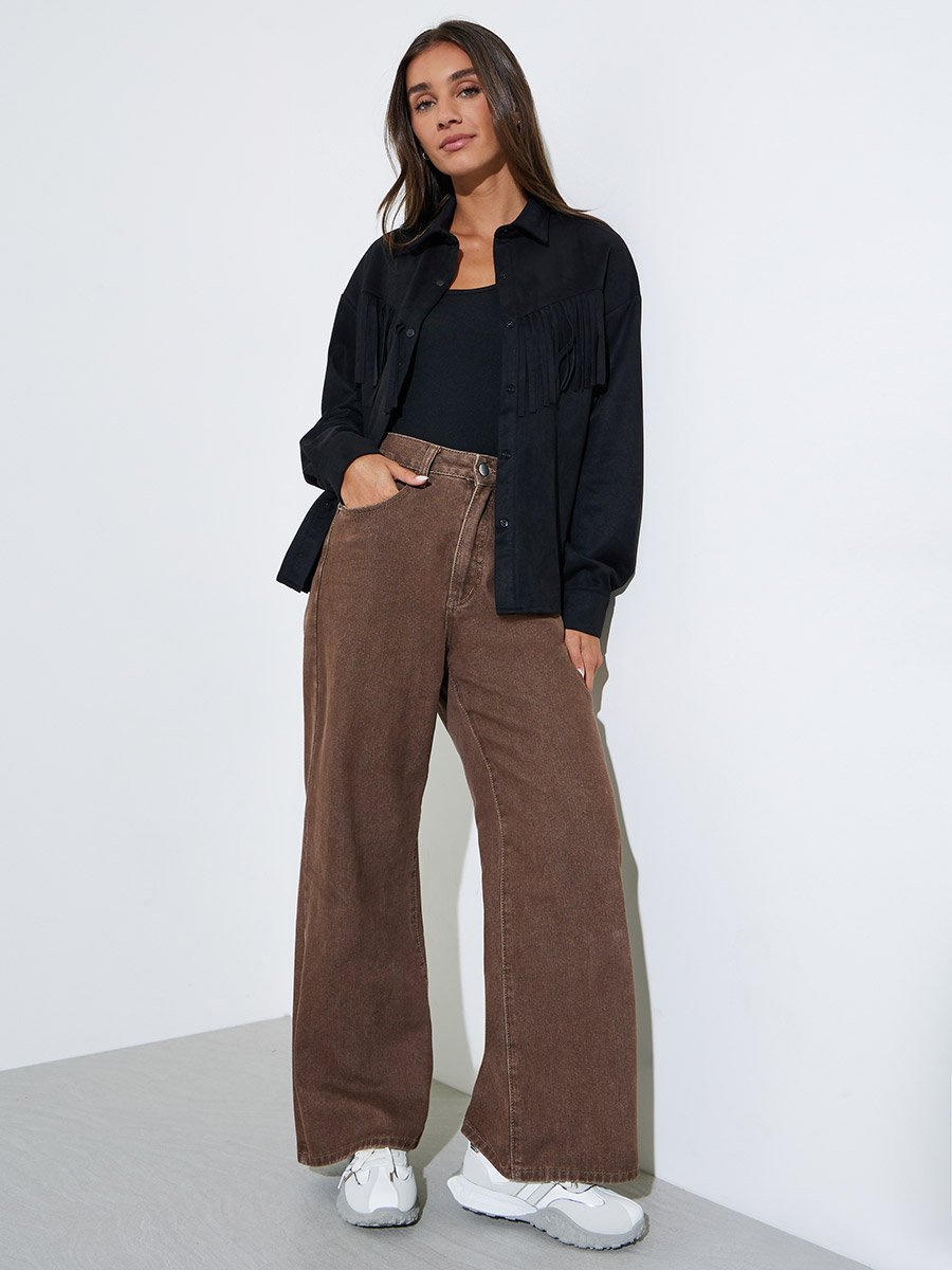 Black Tassel Trim Suede Look Shirt