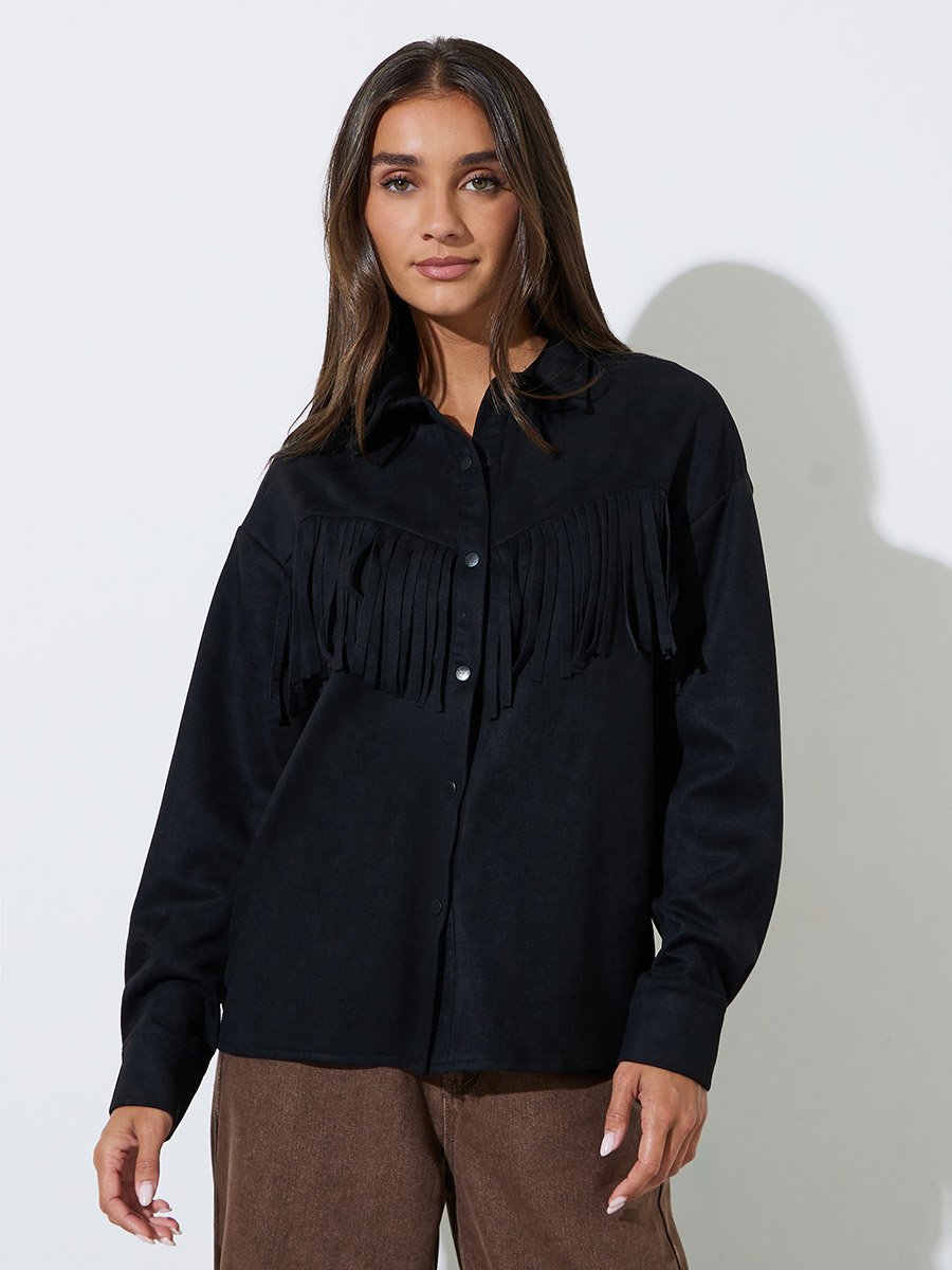 Black Tassel Trim Suede Look Shirt
