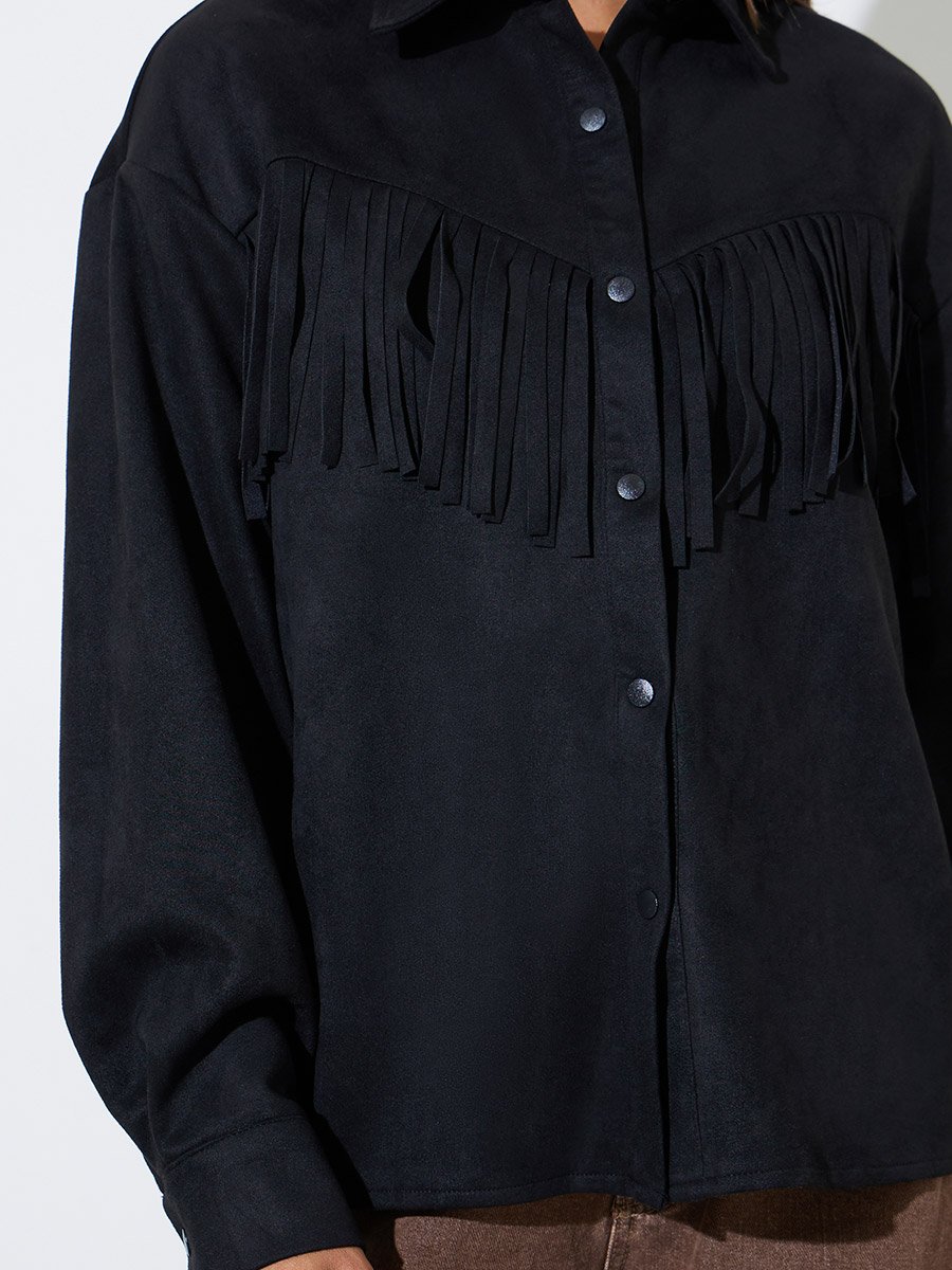 Black Tassel Trim Suede Look Shirt