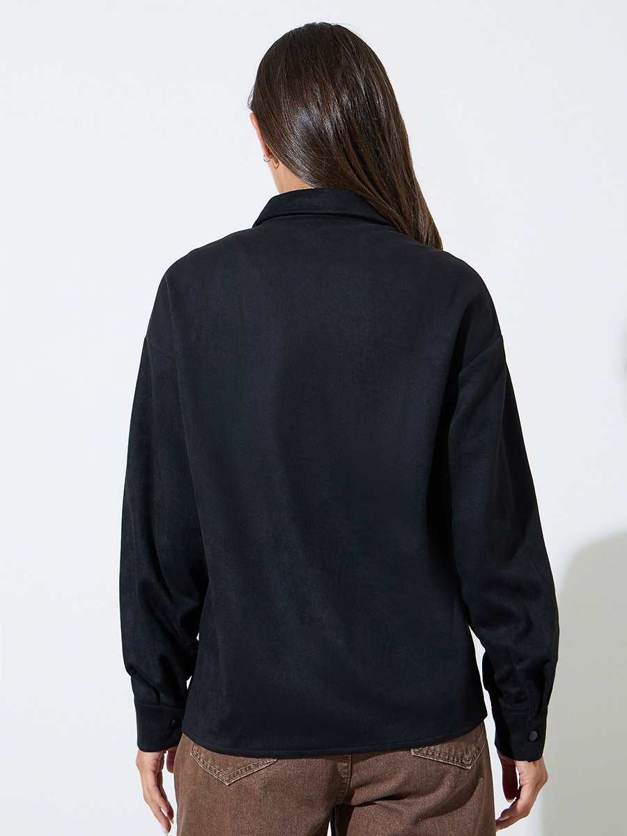 Black Tassel Trim Suede Look Shirt