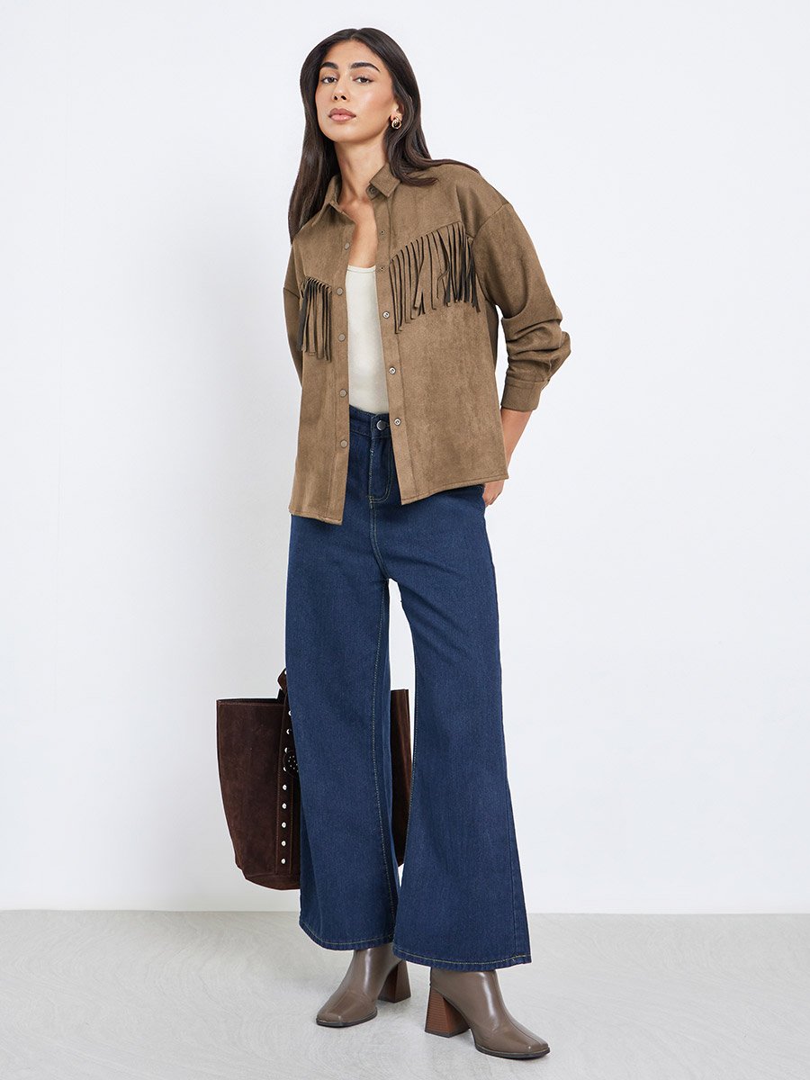 Brown Tassel Trim Suede Look Shirt