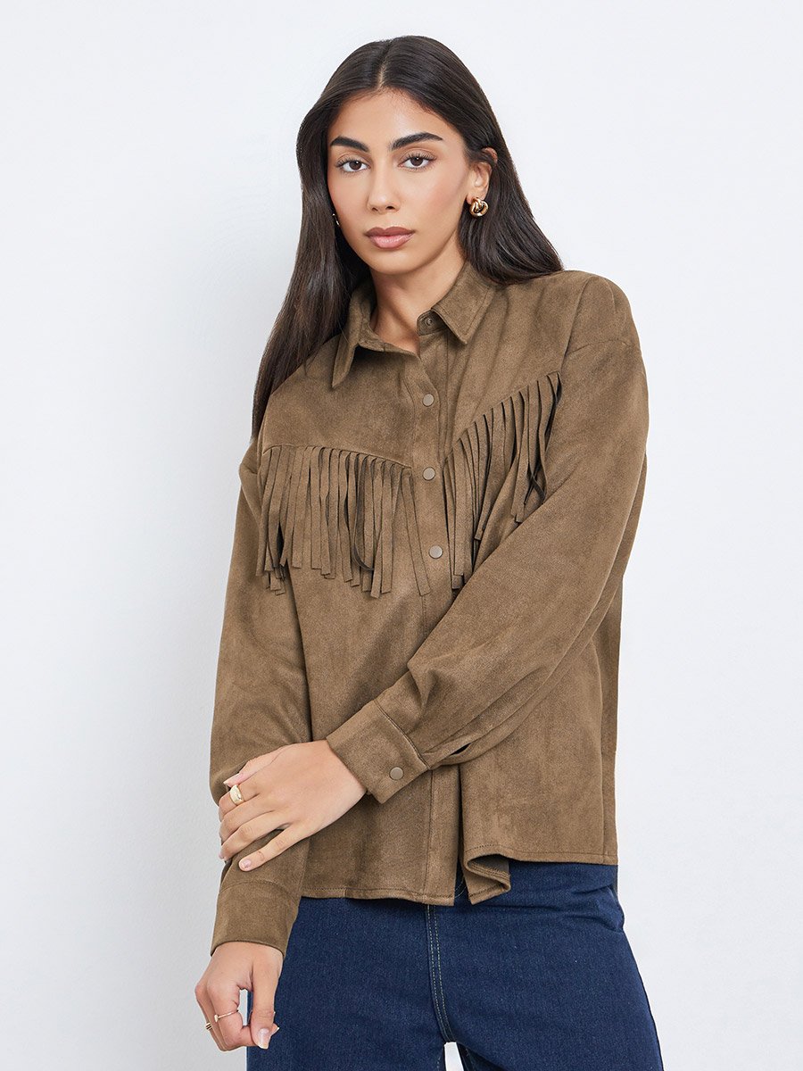 Brown Tassel Trim Suede Look Shirt