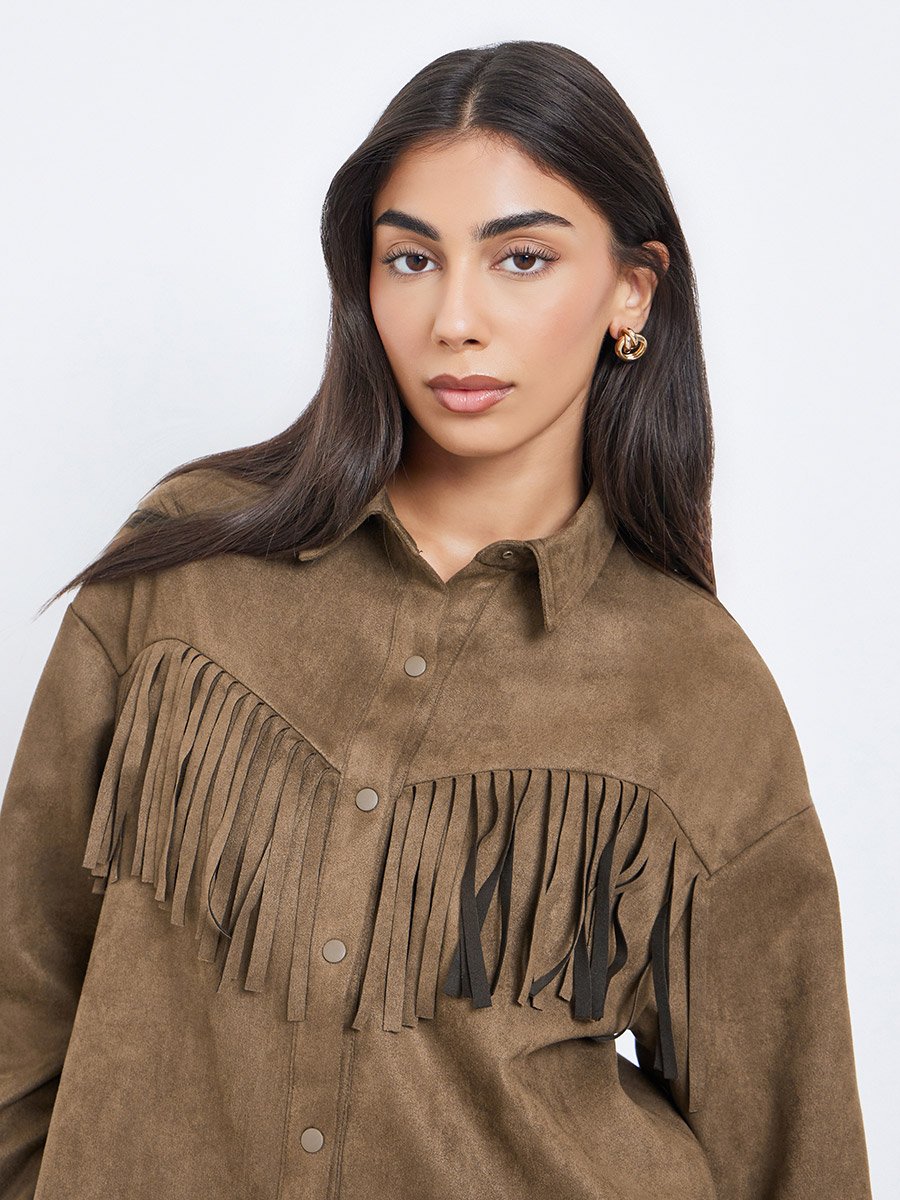 Brown Tassel Trim Suede Look Shirt