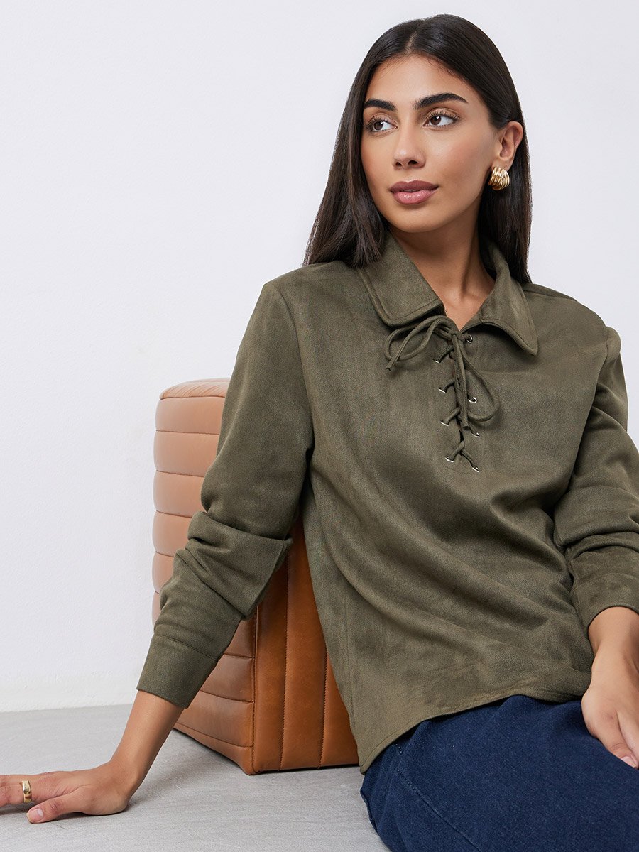 Olive Lace-Up Suede Look Shirt