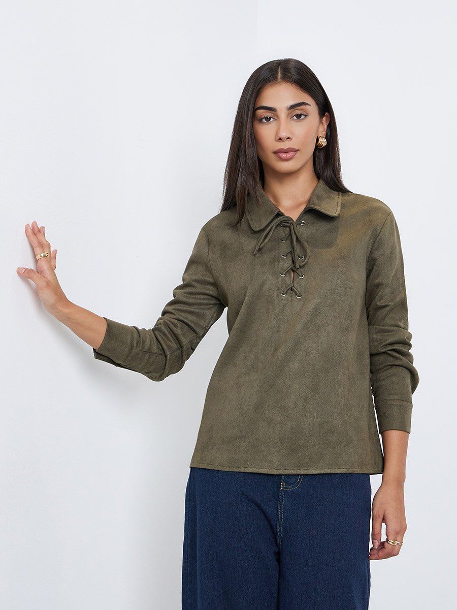 Olive Lace-Up Suede Look Shirt