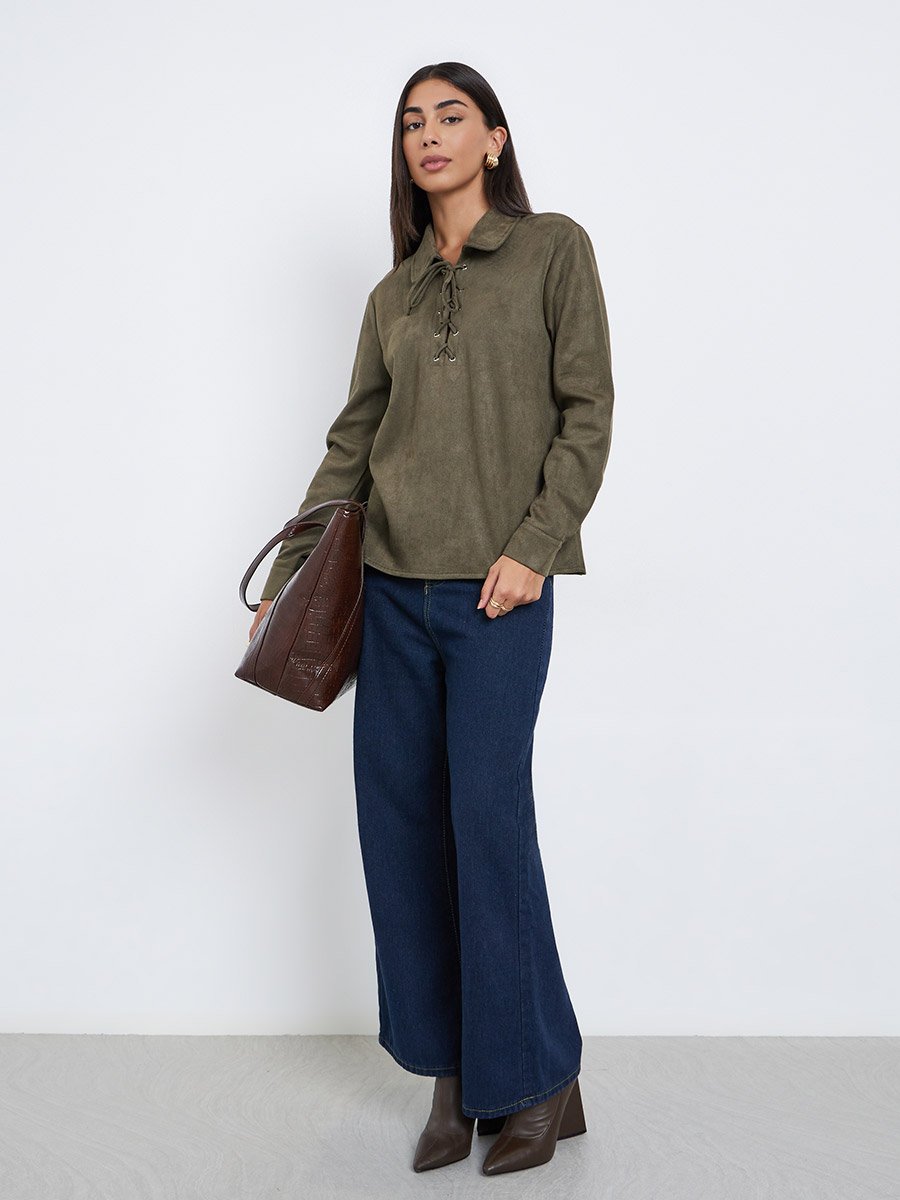 Olive Lace-Up Suede Look Shirt