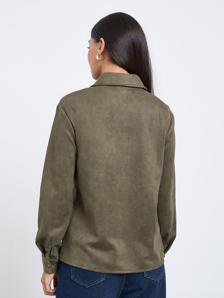 Olive Lace-Up Suede Look Shirt