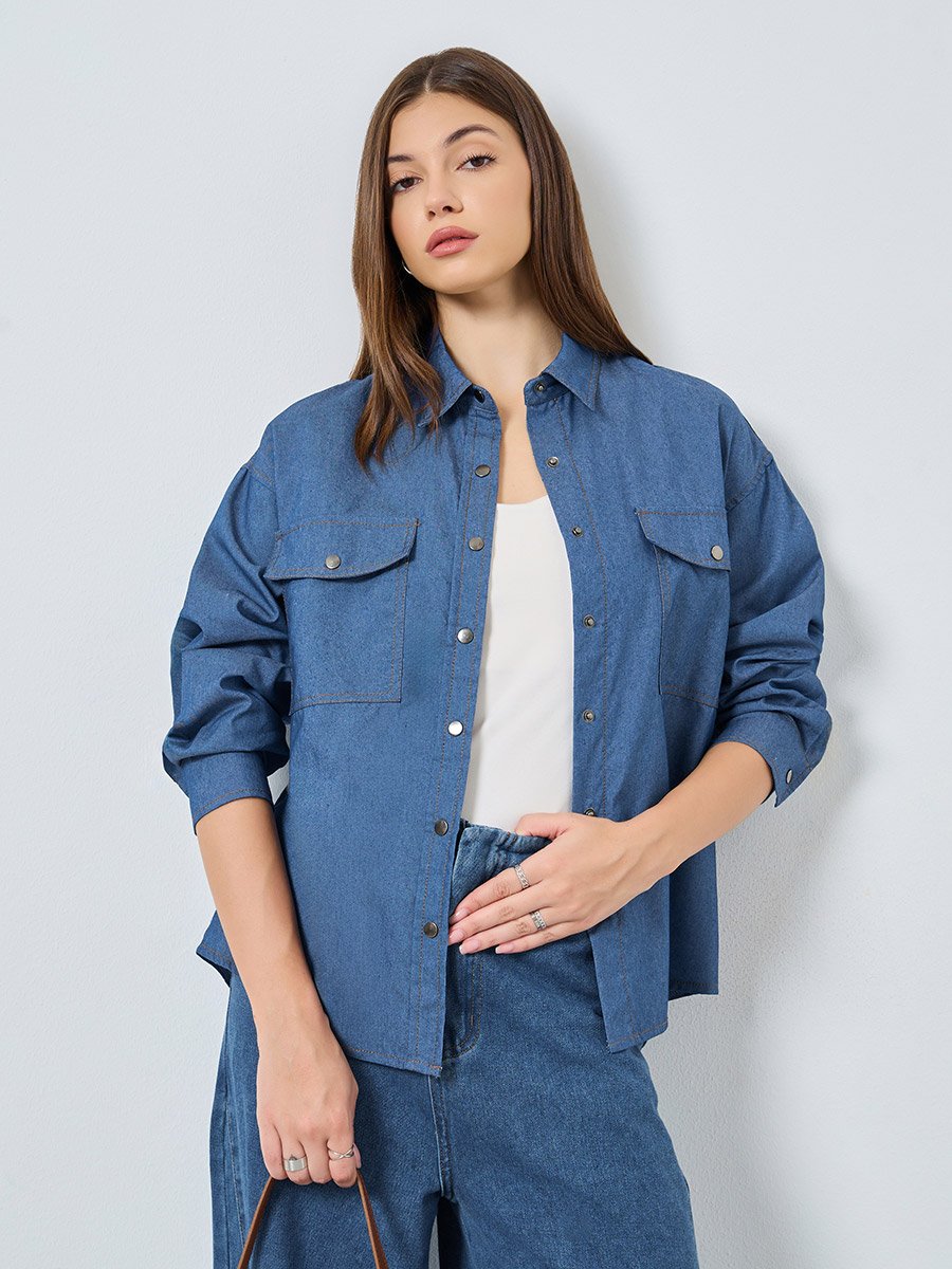 Women Blue Double Pocket Denim Loose Fit Shirt