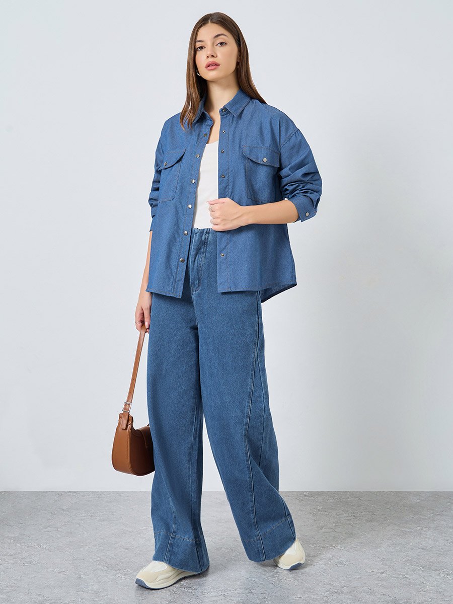 Women Blue Double Pocket Denim Loose Fit Shirt