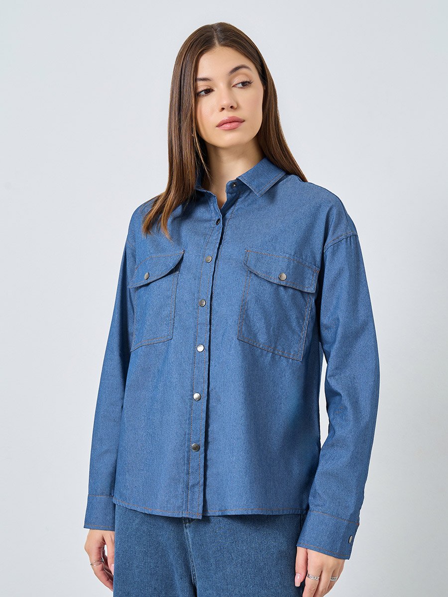 Women Blue Double Pocket Denim Loose Fit Shirt