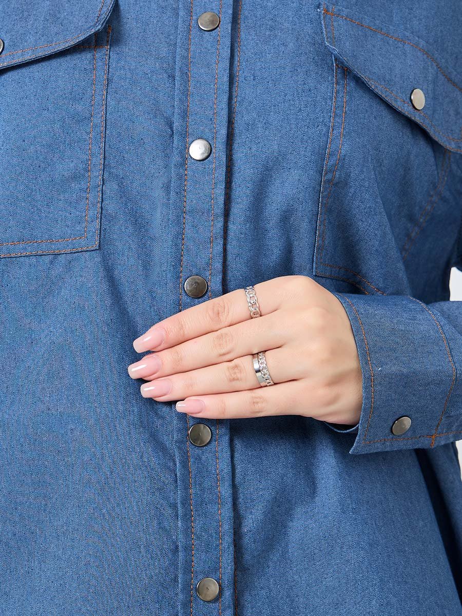 Women Blue Double Pocket Denim Loose Fit Shirt