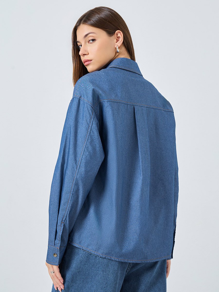 Women Blue Double Pocket Denim Loose Fit Shirt