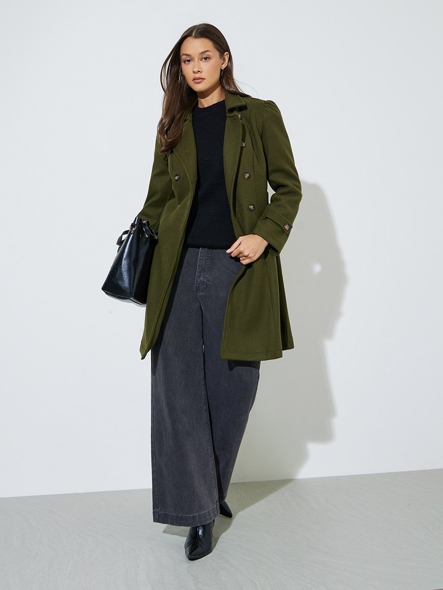 Regular Fit Longline Double Breasted Belted Coat