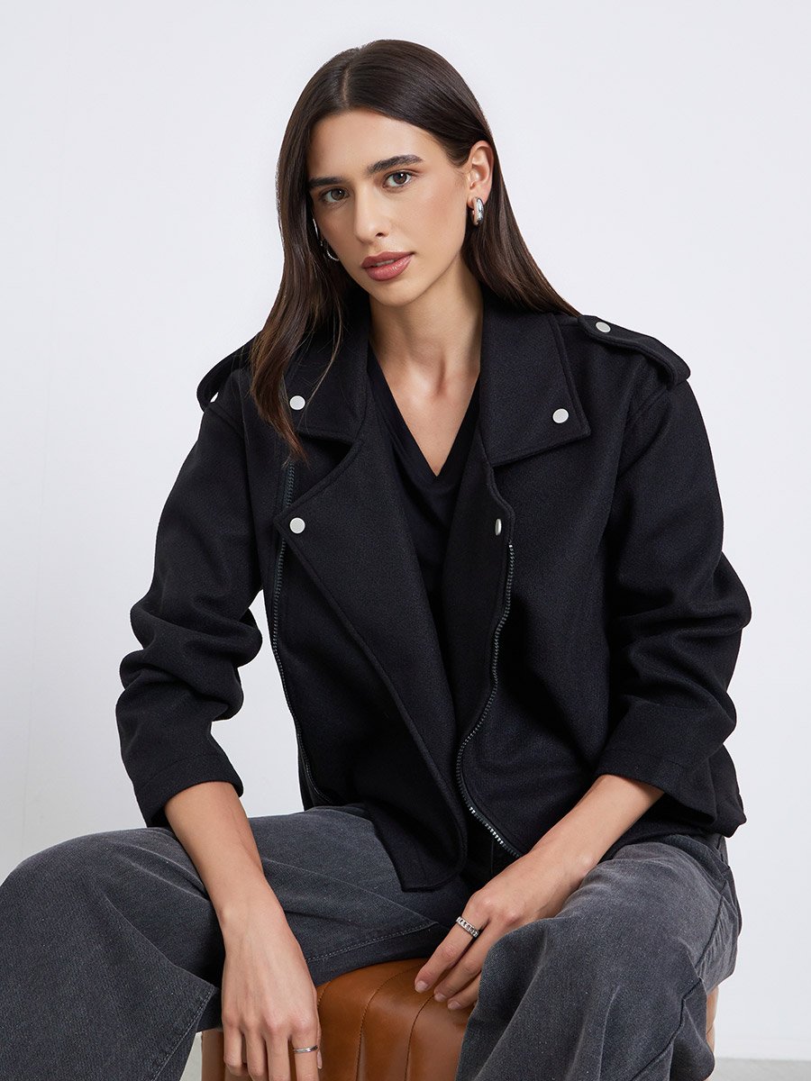 Black Boxy Fit Wool Like Biker Jacket